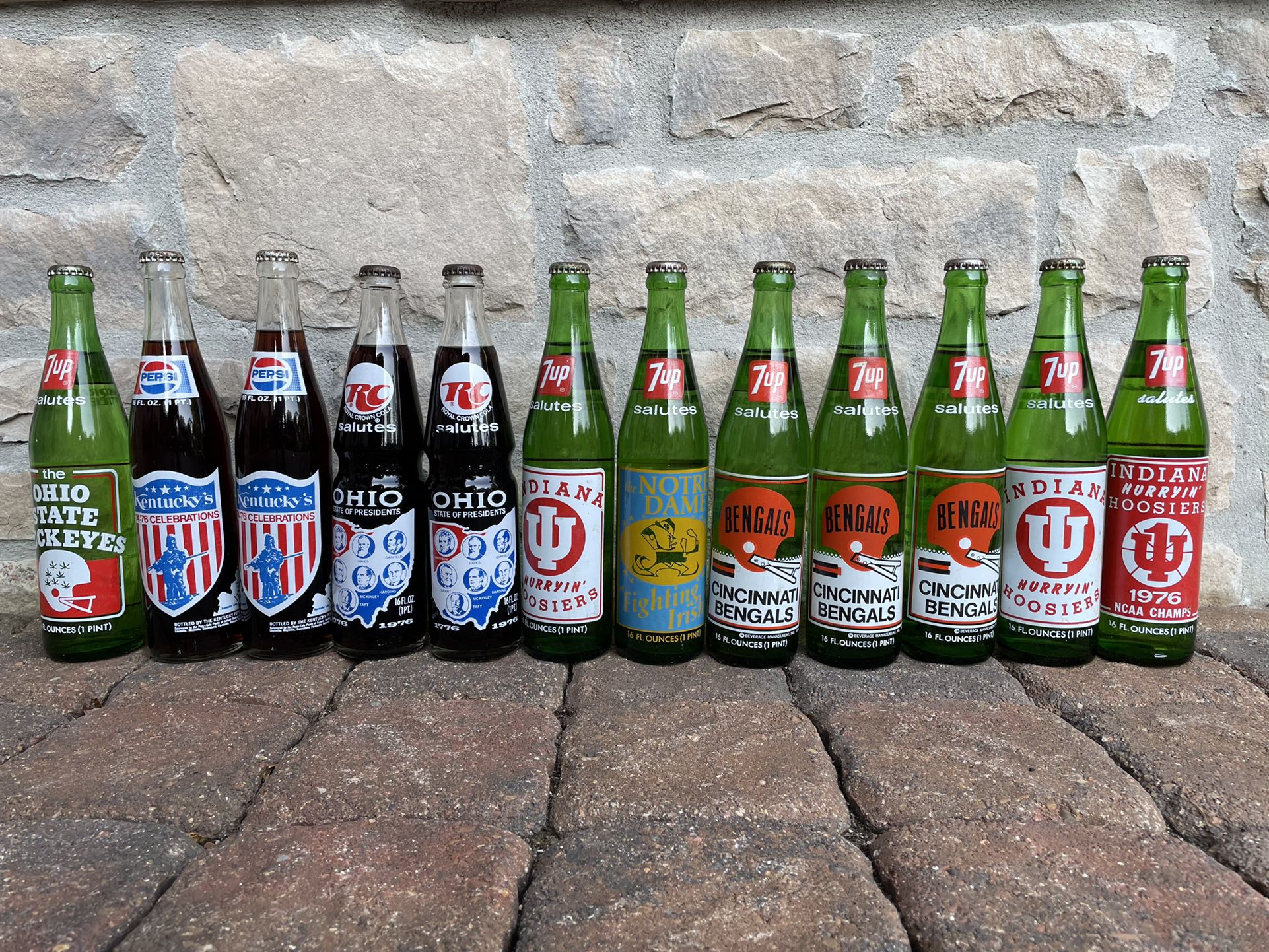 Vintage Soda Bottles RC Cola, Pepsi-Cols, 7Up 
