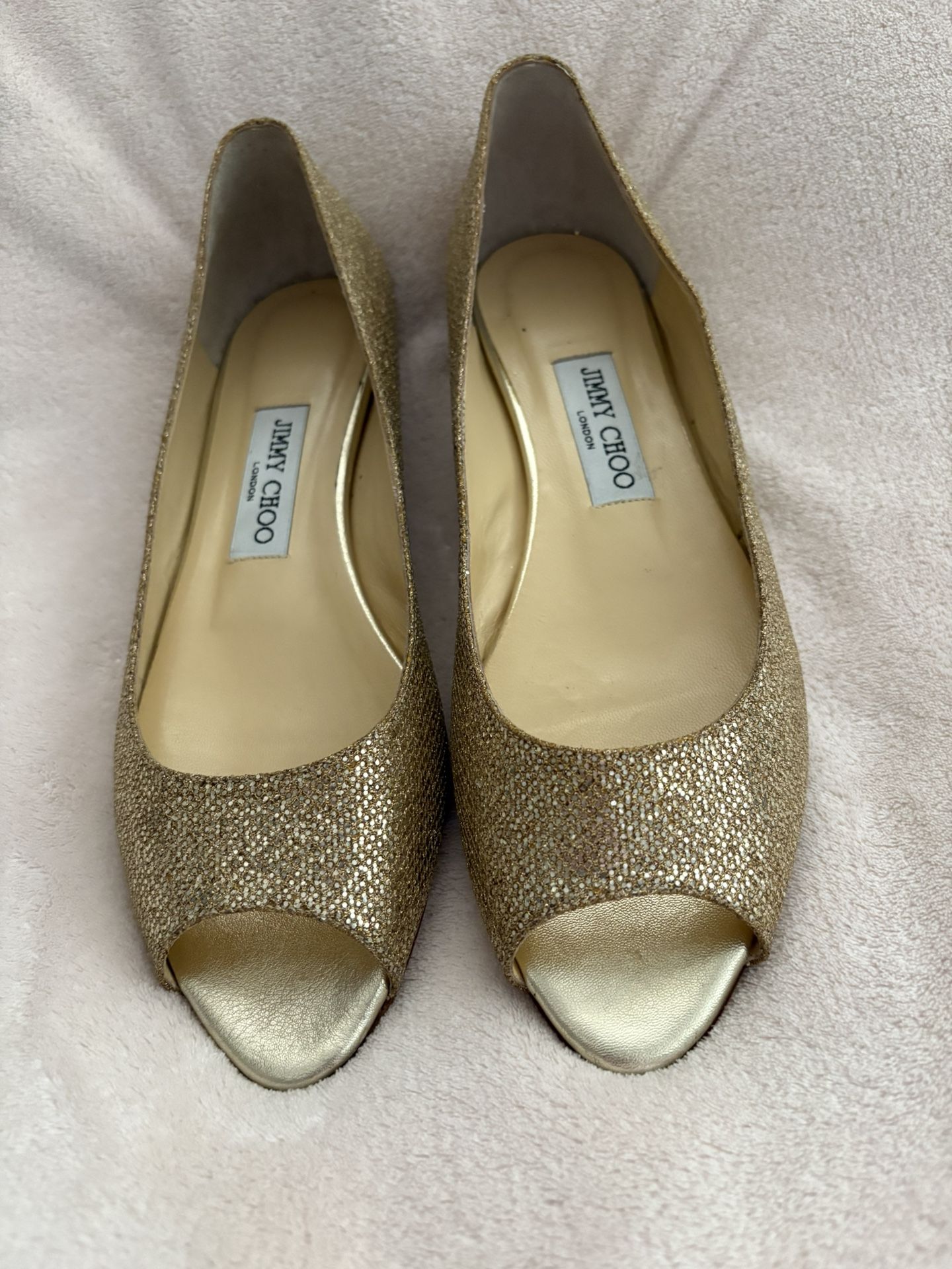 Jimmy Choo Gold Metallic Peep Joke Flats