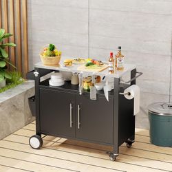 38" Outdoor (HDPE) Mobile Black BBQ Grill Cart with Hooks & Storage for Grilling Accessories  [NEW]  <Assembly Req>