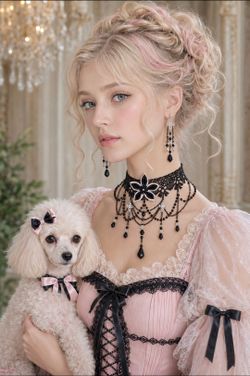 Handmade Lolita Black & Pink Lace Choker Set with Kanzashi Flower & Crystals New