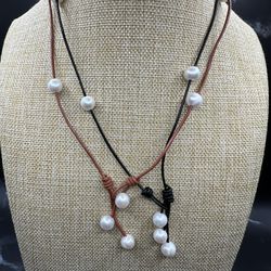 Leather cord and white natural pearl choker, beach style jewelry 