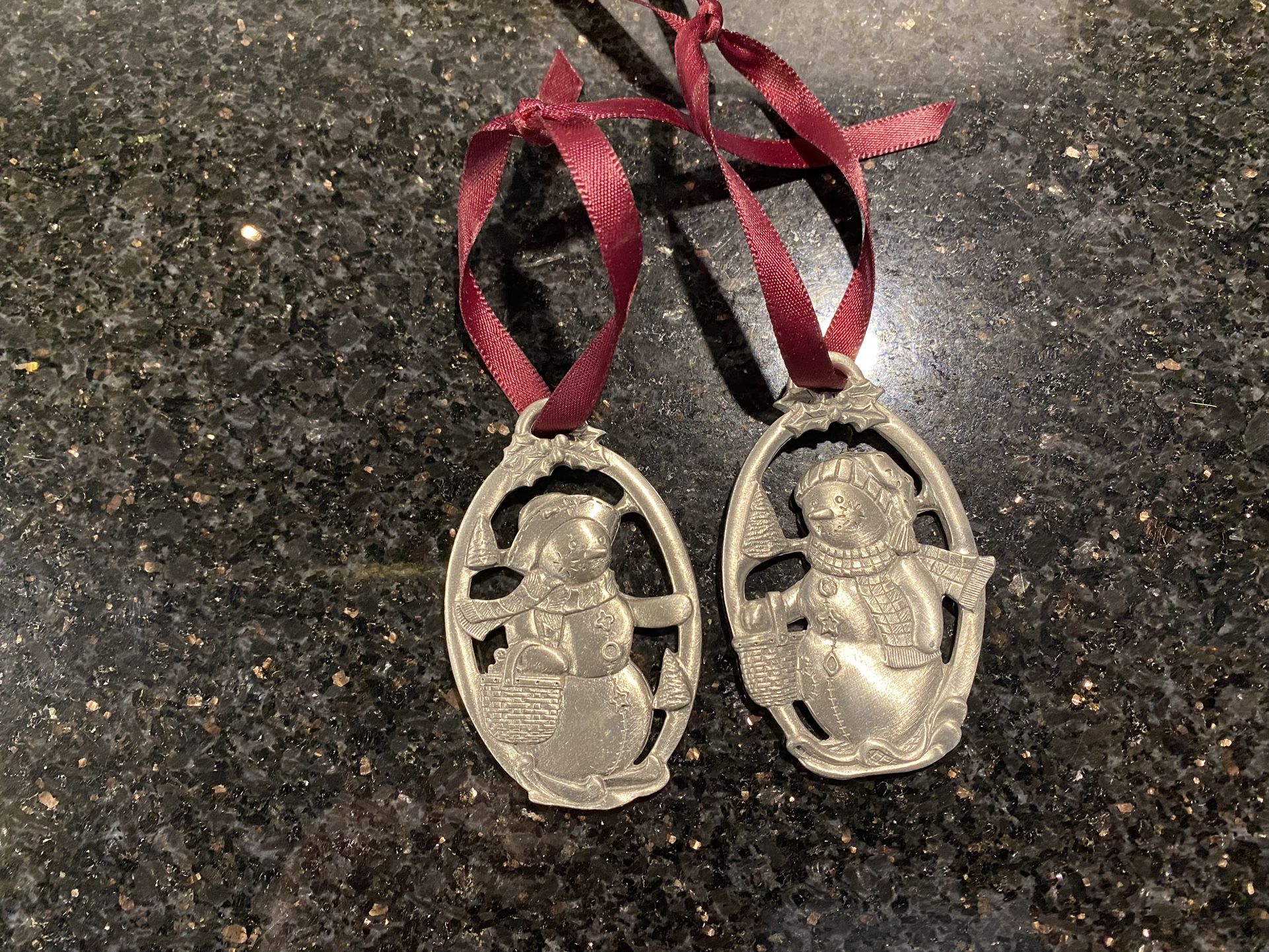 2 Vintage 1999 Oval Pewter Snowman Longaberger Ornaments on Ribbon