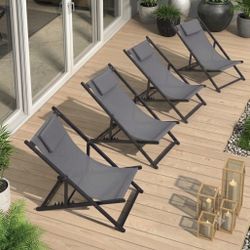 PURPLE LEAF Patio Sling Chairs Set of 4 Outdoor Portable Folding Adjustable Beach Chairs Polyester Fabric Aluminum Frame Reclining Chair with Cushione