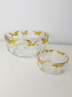 Arcoroc France Salad Fruit Serving Bowl set Yellow Gold butterflies Clear Glass