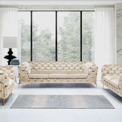 New Chesterfield Modern Style Beige Microfiber Couch Set