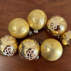 Vintage Set of 6 Yellow Shiny Brite Christmas Ornaments- mica, scene