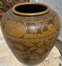 Monumental hand carved Asian stoneware vessel garden Urn