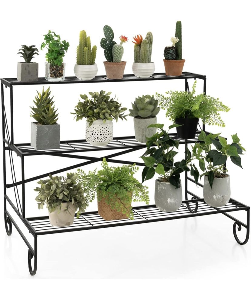 New Assembled 3 Tier Metal Plant Stand, Ladder Shaped Flower Pot Stand w/ Grid Shelf, Tiered Plant Organizer Shelf for Indoor & Outdoor, Utility Plant
