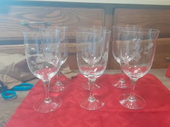 Set of 6 Etched Floral Crystal Wine Glasses