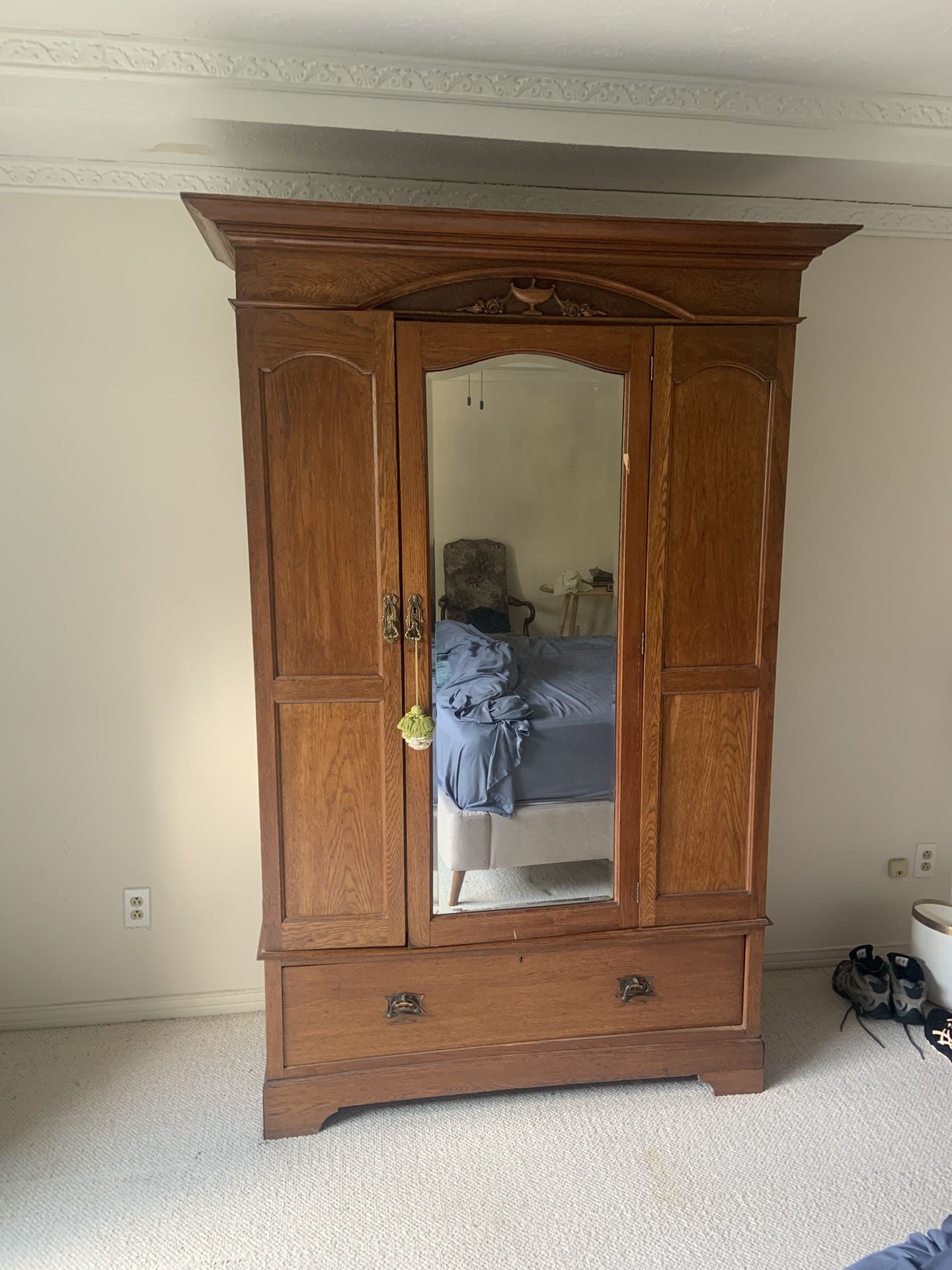 Antique Solid Wood Armoire with Mirror and Drawer – Pickup Only