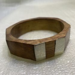Vintage Hand Carved Artisanal Natural Wood Metal Bangle Bracelet