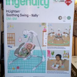 Ingenuity InLighten Baby Swing, 5-Speed, Swivel Infant Seat, Nature Sounds, Lights - Pink, Nally