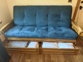 Queen Solid Wood Futon w/ 2 Storage Drawers – Blue