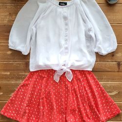 SIZE 10-12 GIRLS 2-PIECE OUTFIT WHITE THREE-QUARTER SLEEVES BLOUSE W/DARK ORANGE CIRCLE KNIT SKIRT