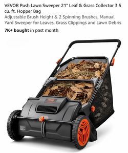 VEVOR Push Lawn Sweeper 21" Leaf & Grass Collector 3.5 cu. ft. Hopper Bag Adjustable Brush Height & 2 Spinning Brushes, Manual Yard Sweeper for Leaves