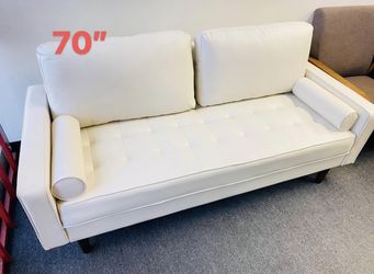 White Modern Tufted Faux Leather Sofa - Mid Century Style - Like New - FREE DELIVERY