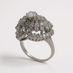 Estate Jewelry 14K White Gold Cocktail Ring with 0.33 Ct. Center Diamond and 58 Round Diamonds 1.16 Total Carat Weight. (Size 5.00)