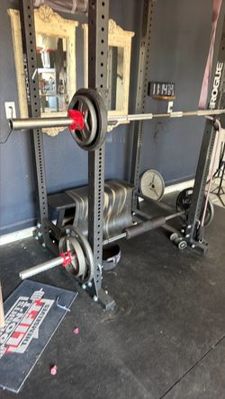 Rogue Power Rack with Barbell and Weights