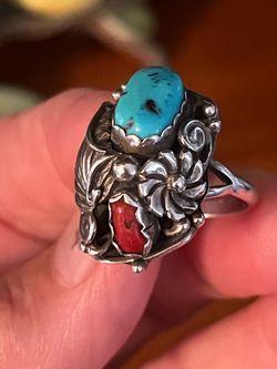 Vintage Zuni Myra Nastacio Sterling, Coral, and Turquoise Ring