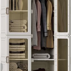 Portable Closet Clothes Wardrobe Plastic Bedroom Armoire Depth Cube Storage Organizer with Hanging Rod and Doors 4-15 Cubes White (Transparent Door-Cl
