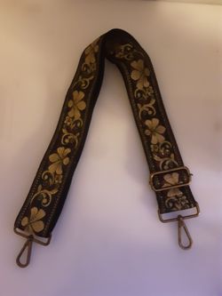 Vintage adjustable black and gold floral embroidered bag and guitar strap (40)