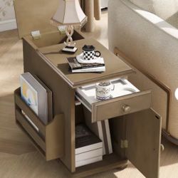 Brown Rectangle MDF End Table with USB Ports, 1-Multifunctional Drawer with Cup Holders