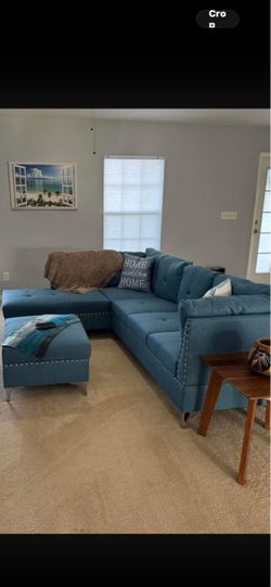 Blue Fabric Sectional Sofa with Ottoman