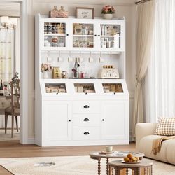 White Pantry Cabinet & Kitchen Hutch – Glass Doors, Drawers, Shelves