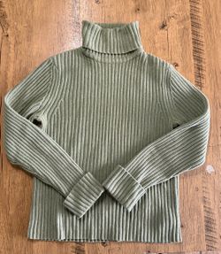 Eddie Bauer women’s ribbed turtleneck sweater in a soft sage/olive green, size Small.