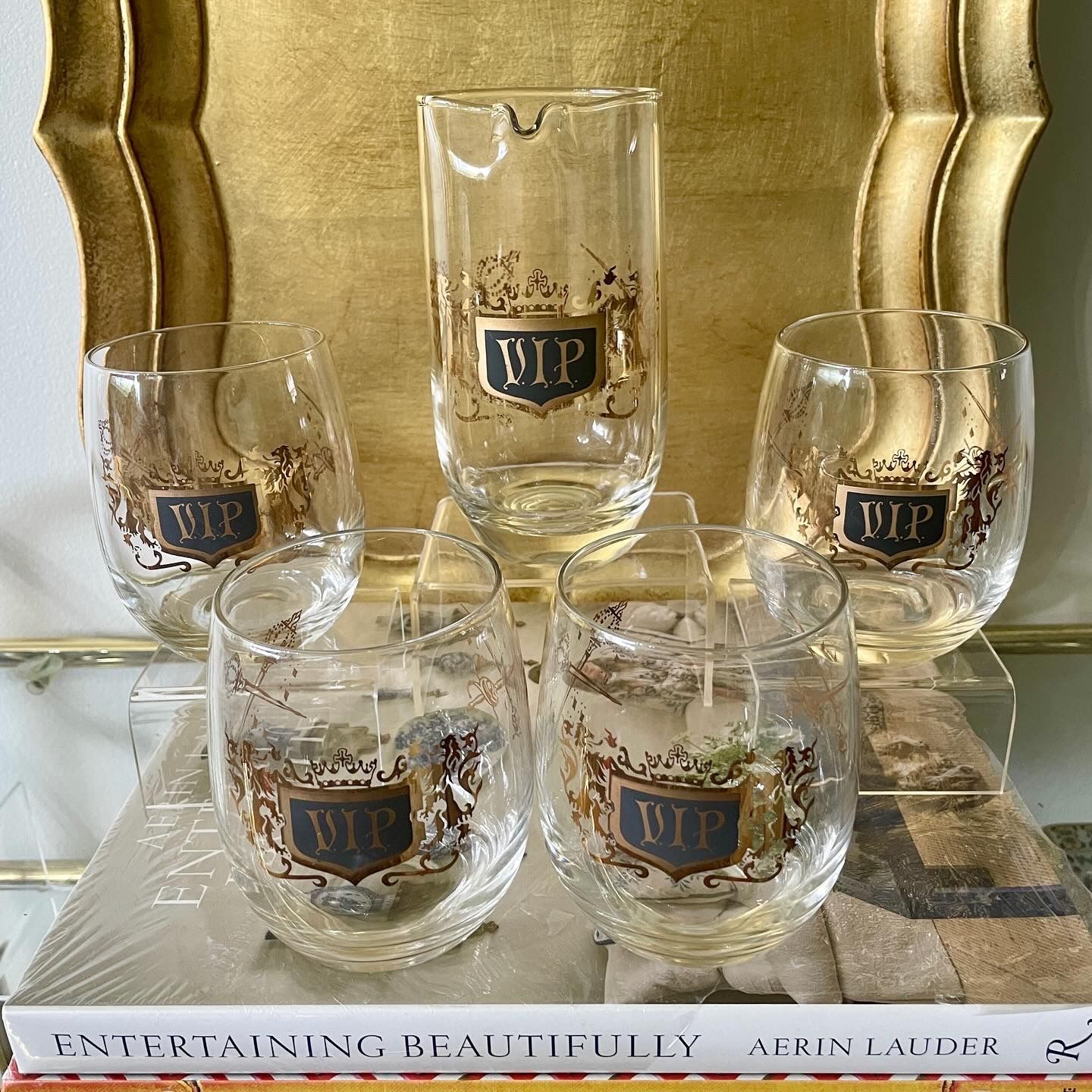 Vintage MCM “VIP” Crest Pitcher and 4 Tumbler Glasses Set