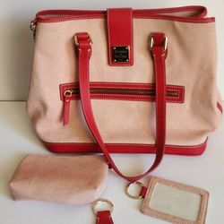 DOONEY & BOURKE Red & Cream Canvas Leather Satchel Tote Shoulder Hobo Bag with purse ID card holder and key chain.