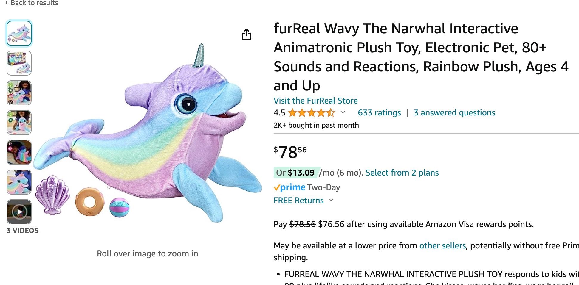 furReal Wavy The Narwhal Interactive Animatronic Plush Toy, Electronic Pet, 80+ Sounds and Reactions, Rainbow Plush, Ages 4 and Up
