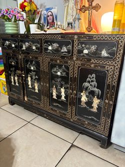 Vintage Black Lacquer Chinese Sideboard Cabinet