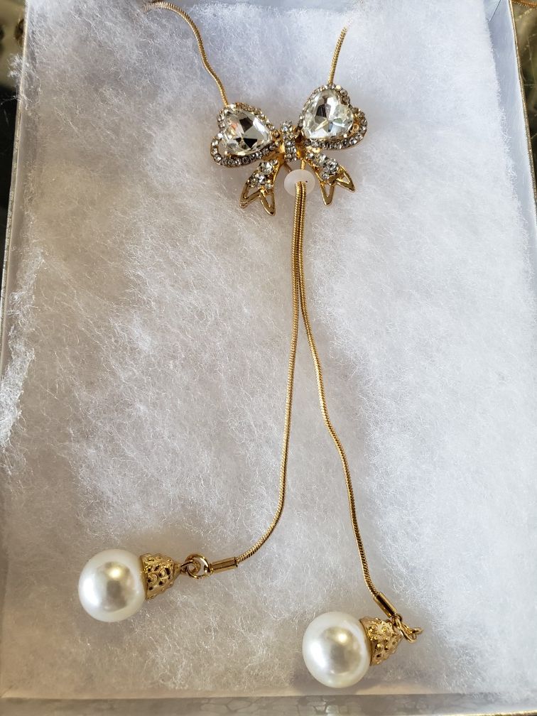 14kgold plated crystal Bow Necklace Adjustable