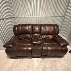 FREE!  Brown Leather Reclining Sofa  w/ Console & Cupholders