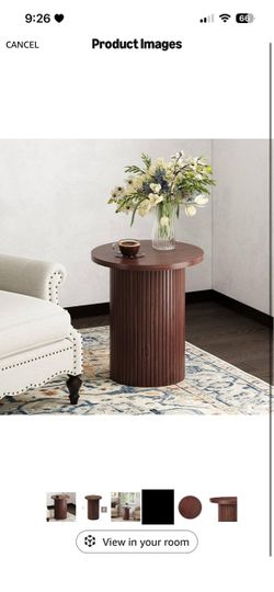 Walnut Pedestal Side Table, 16.93" Mid Century Farmhouse End Table Ash Wood Surface, Fluted Base Design, Compact Round Top, Fully Assembled, Mid-Centu