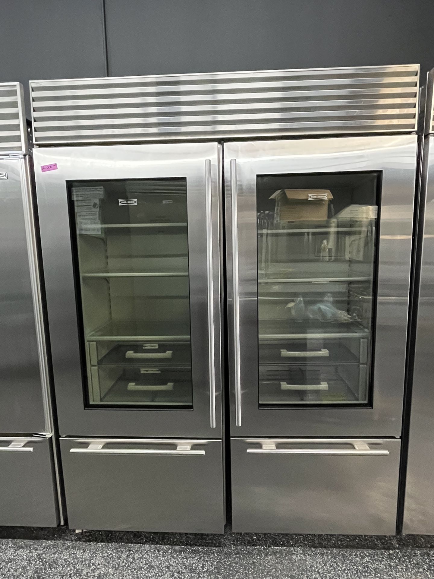 Built In Sub Zero 60” Bottom Freezer Refrigerator Set Glass Door