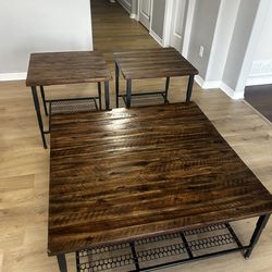 3 pieces Coffee table and side tables Planked wood top with a metal bast