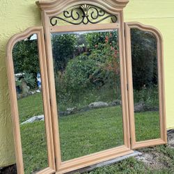Blonde Wood Tri-Fold Dresser Mirror
