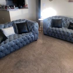 2 Beautiful Velvet Blue Sofas 