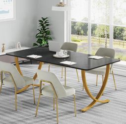 63” W x 31.5” D Large Office Desk, Modern Computer Desk Conference Table Meeting Room Table, Business Furniture for Home Office, Black and Gold