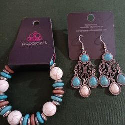 Very Nice Silver Turquoise Bracelet & Matching Silver Turquoise Earrings 