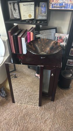 Vanity, vessel sink, faucet, mirror