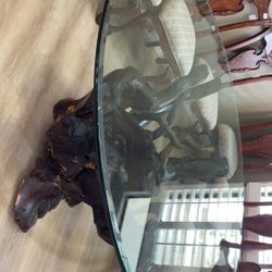 Hand Carved Solid Tree Stump Base Round Glass Top Dining Table 