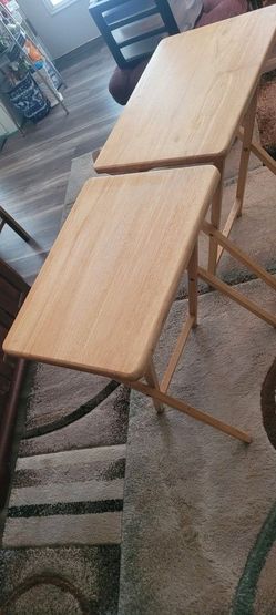 4 Oak Wood TV Tables And One Oak Double Rung Towel Rack