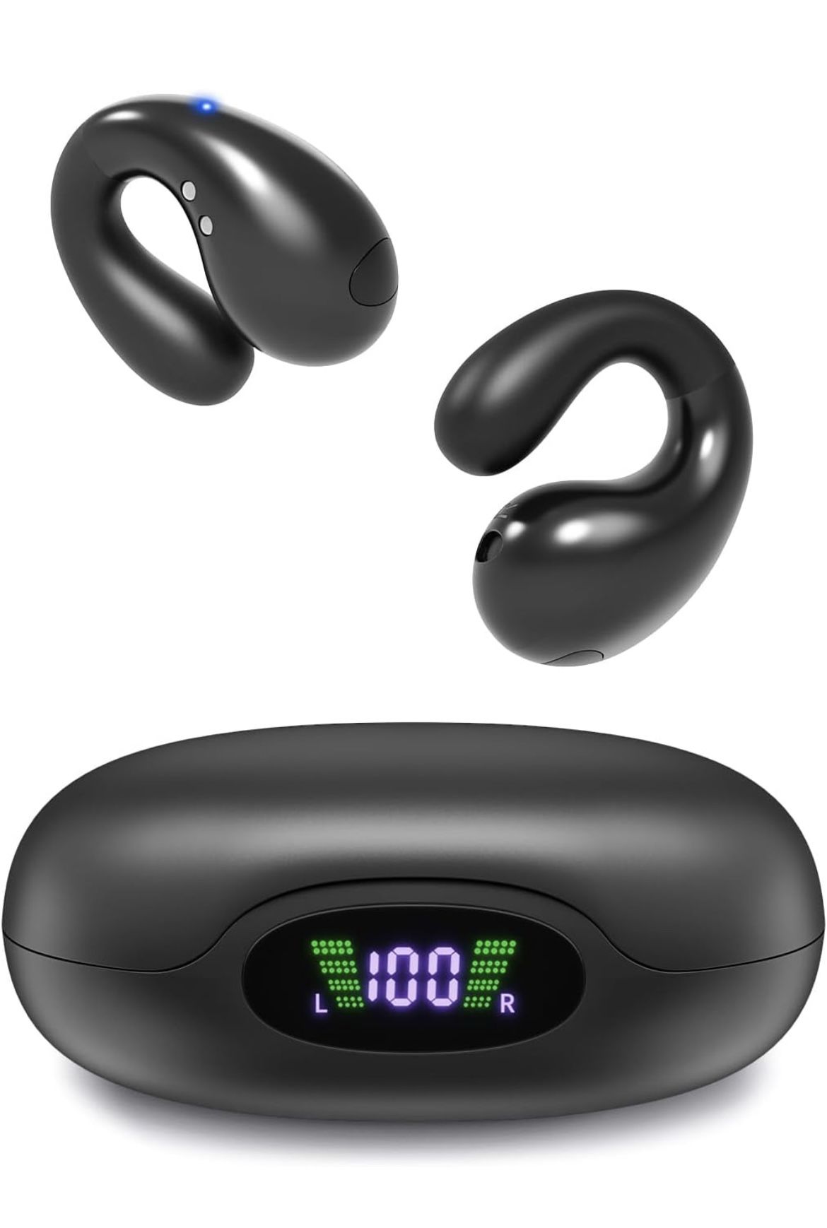 Open Ear Clip Headphones, Bluetooth Headphones Built-in Mic with Charging Case LED Display