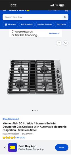 KitchenAid - 30 in. Wide 4 burners Built-In Downdraft Gas Cooktop with Automatic electronic re-ignit