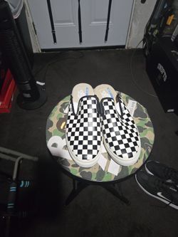 Vans Slide On Open Heel Shoes Leather Black White Checked Men's Size 8.5 Or Women's Size 10 Excellent Condition 