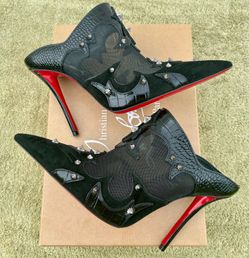 CHRISTIAN LOUBOUTIN MULATIAG 100 BLACK CROC LEATHER MESH SPIKES HEEL MULE 39 NEW
