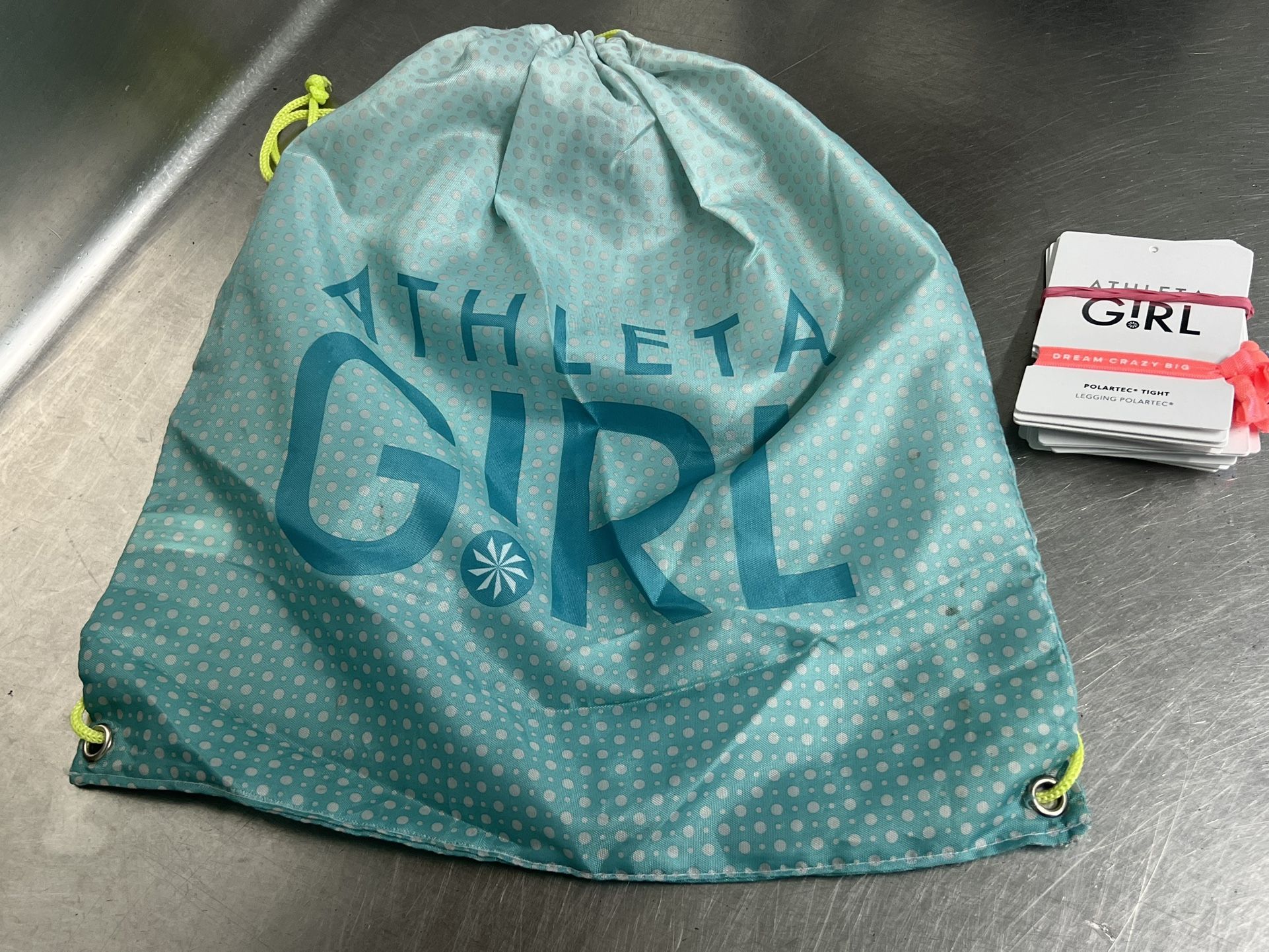 Athleta Girl Light Blue Polka Dot Drawstring Bag (GUC) and Hair Ties (NWOT)